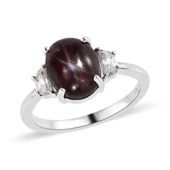 Indian Star Ruby and White Zircon Ring in Platinum Over Sterling Silver - Picture 2 of 6